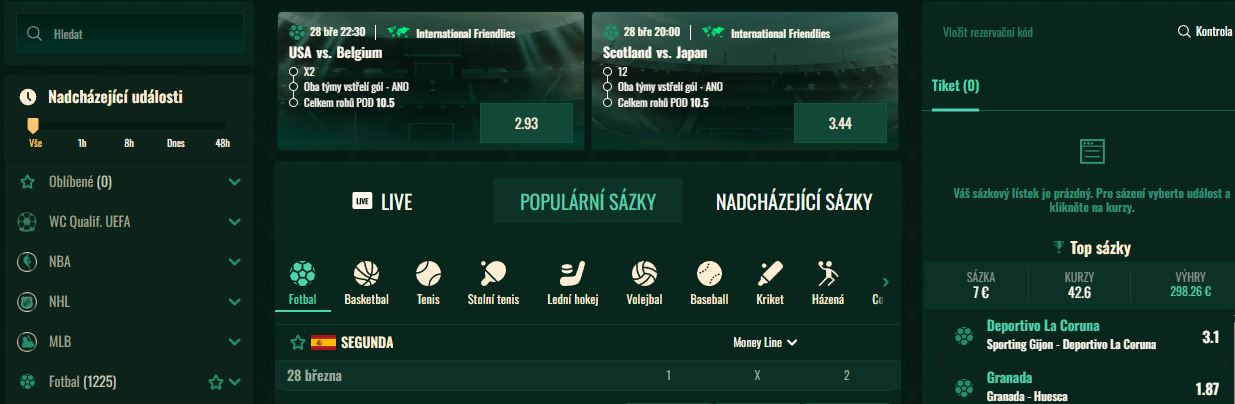 Sázejte na fotbal, basketbal nebo tenis a sledujte nadcházející události v reálném čase